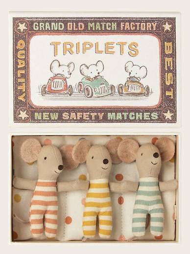 MAILEG Drillinge, Babymäuse in der Streichholzschachtel